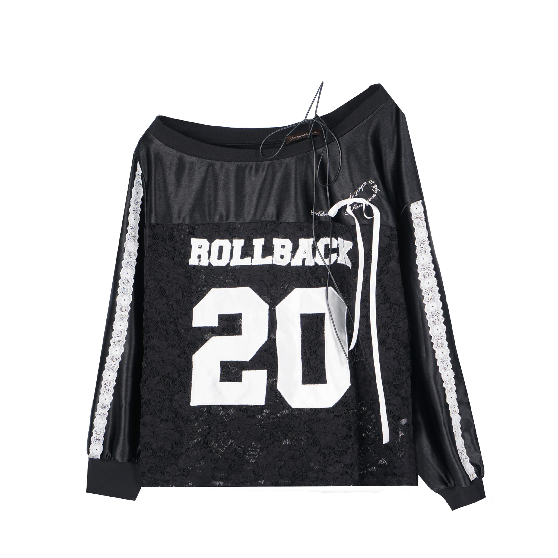 Retro Heavy Industry Digital Paste Cloth Embroidery Hot Girl Off shoulder Stitching Long Sleeve T shirt Black - Shop at LoveMi