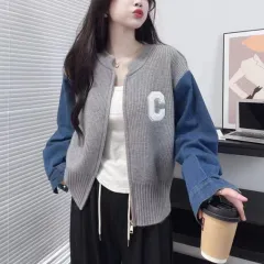 Women's Sweater Stitching Denim Autumnwinter Japanese And Korean New Loose Retro Style Coat - Gray - View 1