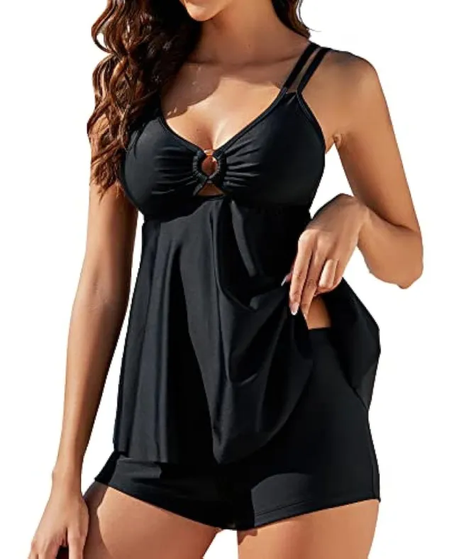 Women's Two piece Swimsuit Plus Size Printed Suspender Skirt Boxer Bikini Black - Shop at LoveMi
