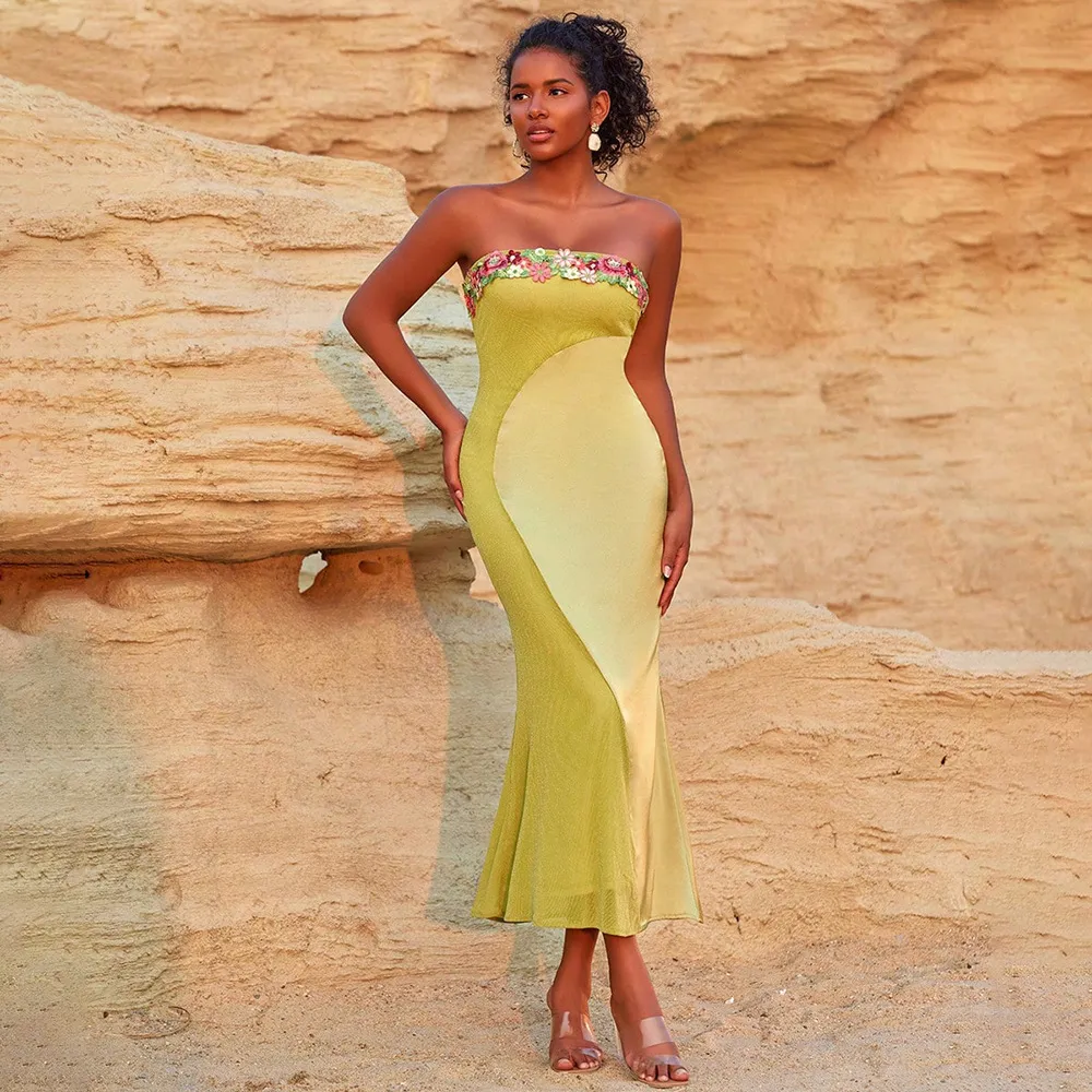 Floral Stitching French Dress - Olive Green