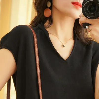 Womens Cotton linen V neck Short sleeve T shirt In Solid Colors Black - Shop at LoveMi