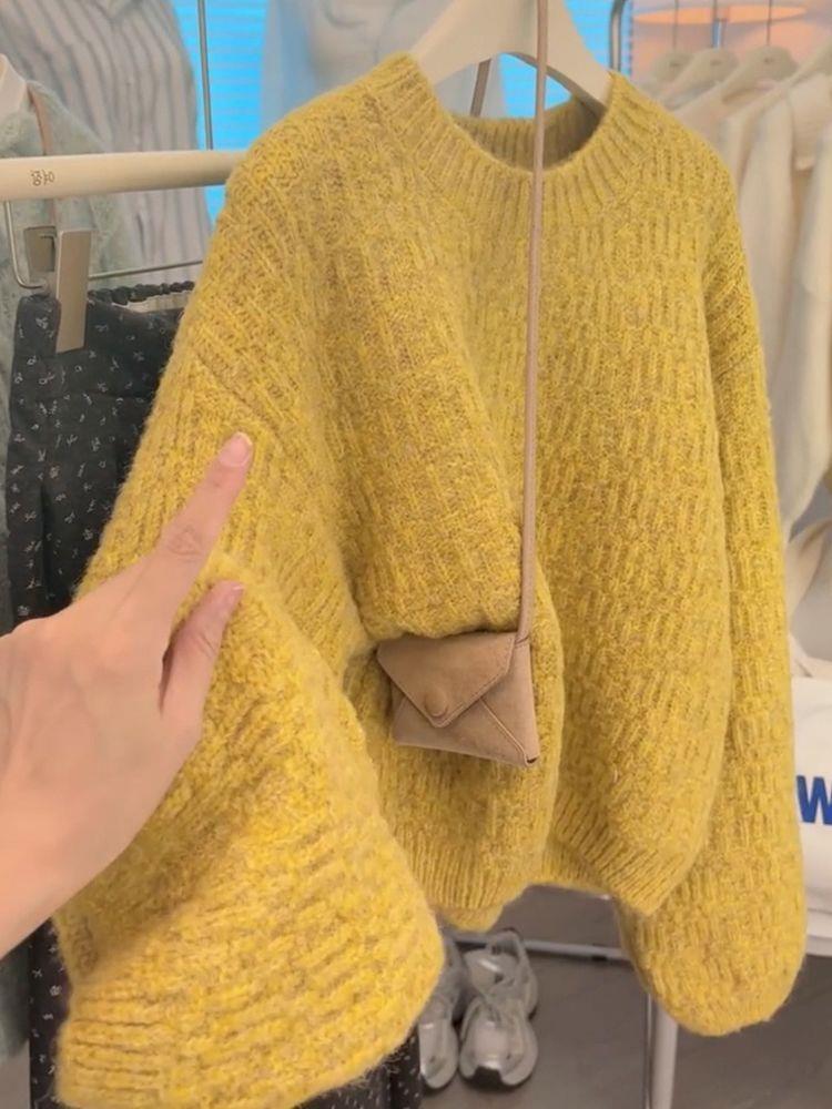 Korean-style Trendy Light Yellow Loose Crew-neck Sweater