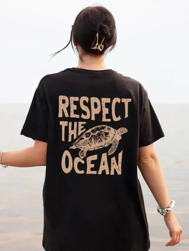 Women's Casual Fashionable Breathable Turtle Printed Short Sleeve Black - Shop at LoveMi
