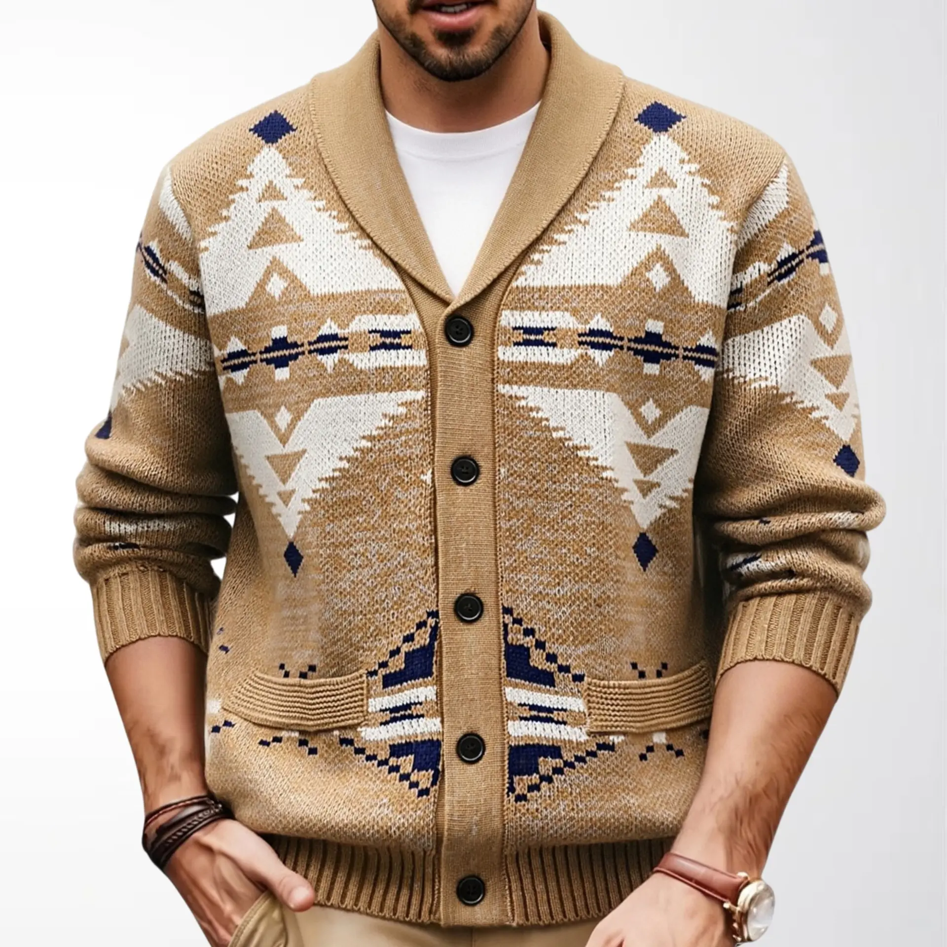 Mens Ethnic-style Loose-fit Sweater Coat