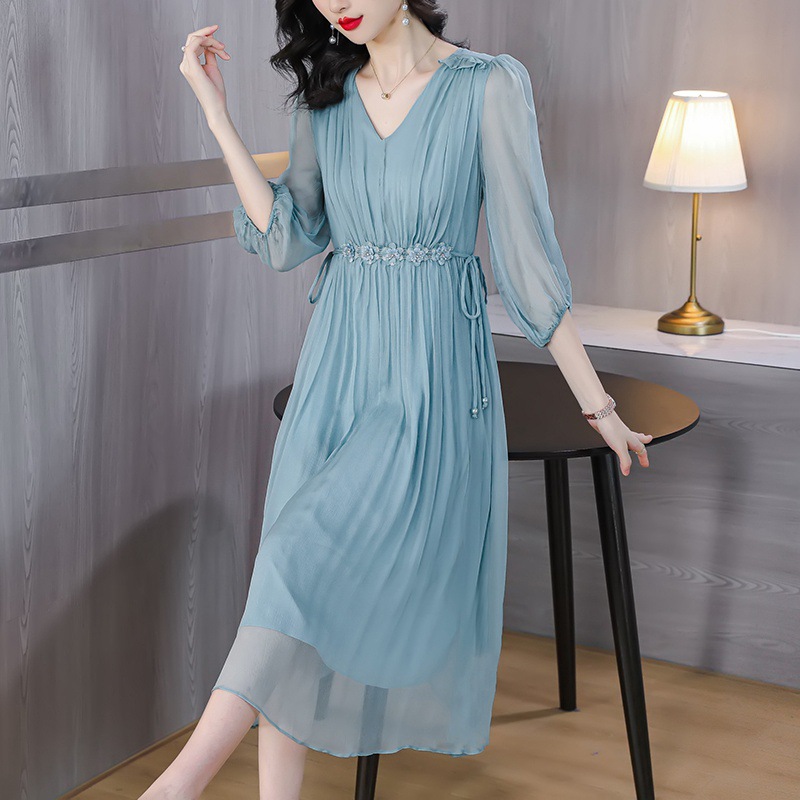 New Womens High-waisted Silk Dress