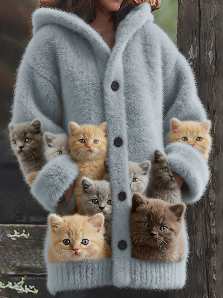Casual 3D Cat-Print Hoodie Cloak Coat
