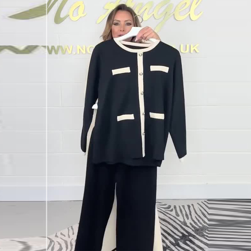 Women's Fashion Color Contrast Classic Style Knitted Trousers Two-piece Set