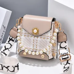 Fashion Women'S Crossbody Bag Girl'S Cute Princess Wallet Classic Shoulder Bag Summer Pearl Chain Phone Bag - Khaki - View 1