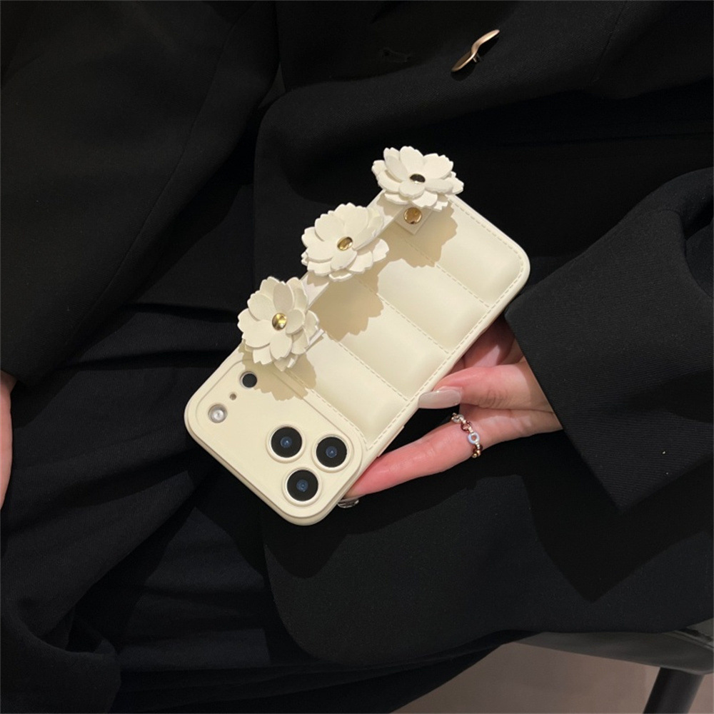 Handmade Candy Puffer Jacket Motif Camellia Wrist Strap Phone Case