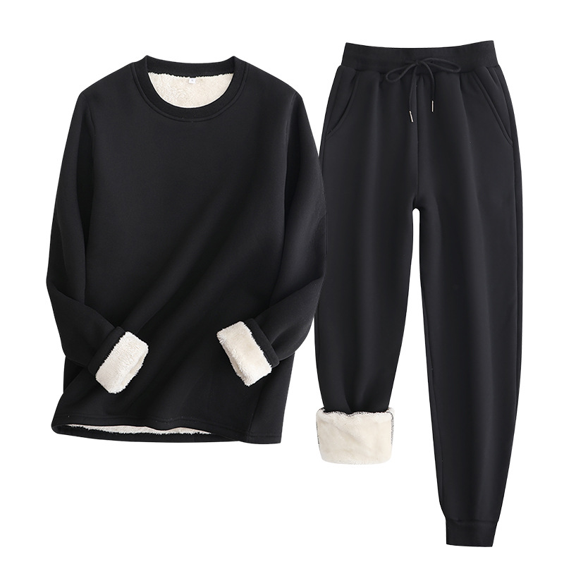 Sweatshirt And Sweatpants Suit European And American Lambswool Black - Shop at LoveMi