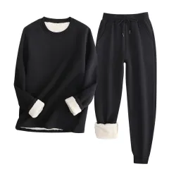 Sweatshirt And Sweatpants Suit European And American Lambswool - Black - View 1