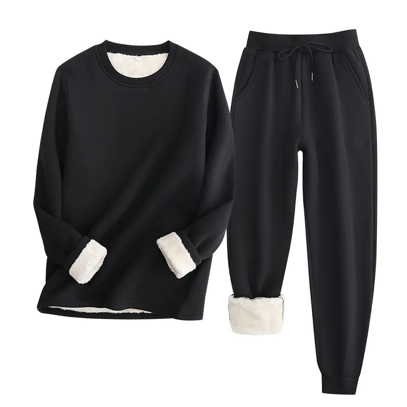 Sweatshirt And Sweatpants Suit European And American Lambswool - Black