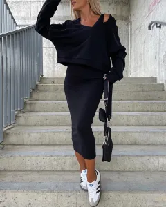 Vest Dress V-neck Hooded Hoodie Short Top Suit - Black - View 1
