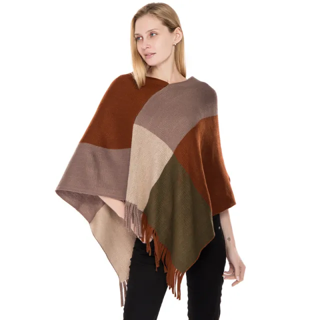 Large Plaid Color Matching Knitted Warm Shawl European And American Autumn And Winter Brown - Shop at LoveMi