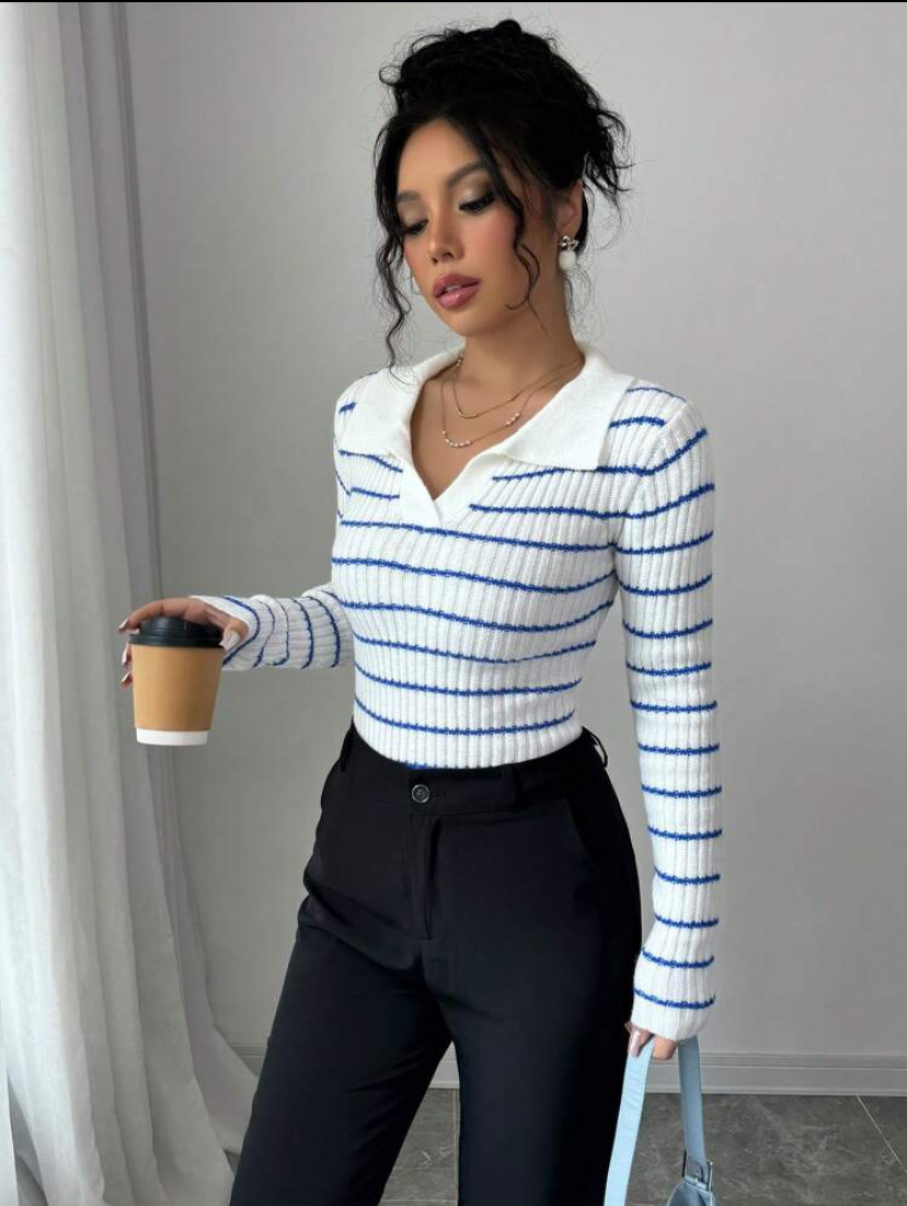 Striped Long Sleeve T-shirt Slim Fit Base Knitting Women - Image 9