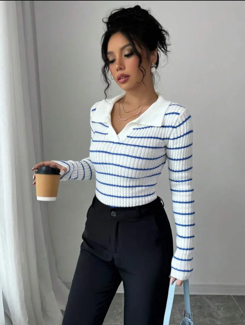 Striped Long Sleeve T-shirt Slim Fit Base Knitting Women - Blue
