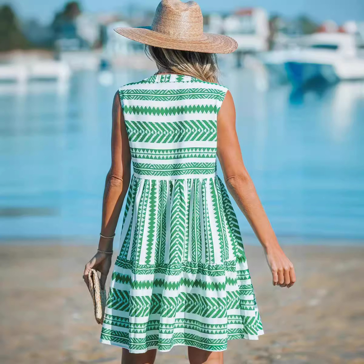 Spring And Summer New Printed Vest V-neck Mid-length Dress