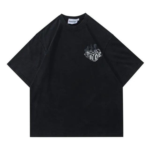 Street Retro Men's Flame Dice Printed Washed Distressed T shirt Black - Shop at LoveMi