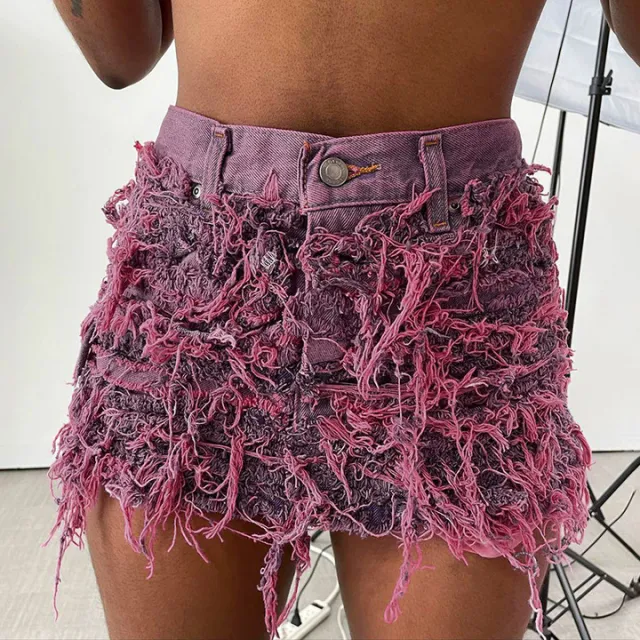 Women's Tassel Tight Elastic free Denim Skirt Purple - Shop at LoveMi