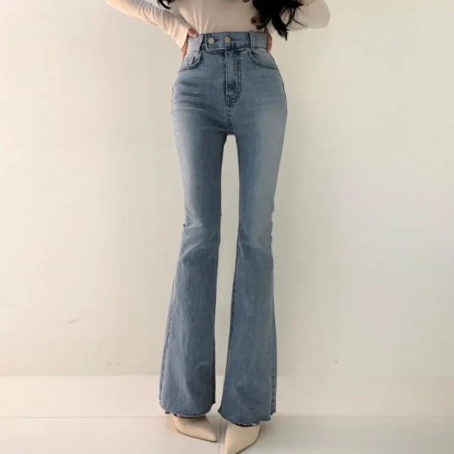 Spring Versatile High Waist Slimming Two button Double Pocket Design Sense Slightly Flared Jeans Trousers For Women Blue - Shop at LoveMi