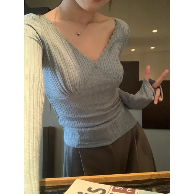 Pure Desire Style V neck Lace Short Inner Wear Long Sleeve Blue - Shop at LoveMi