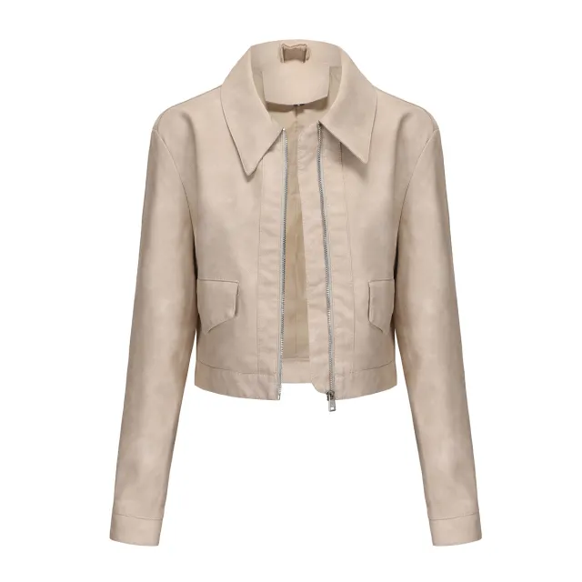 Women's Long sleeved Fashionable Faux Leather Jacket Beige - Shop at LoveMi