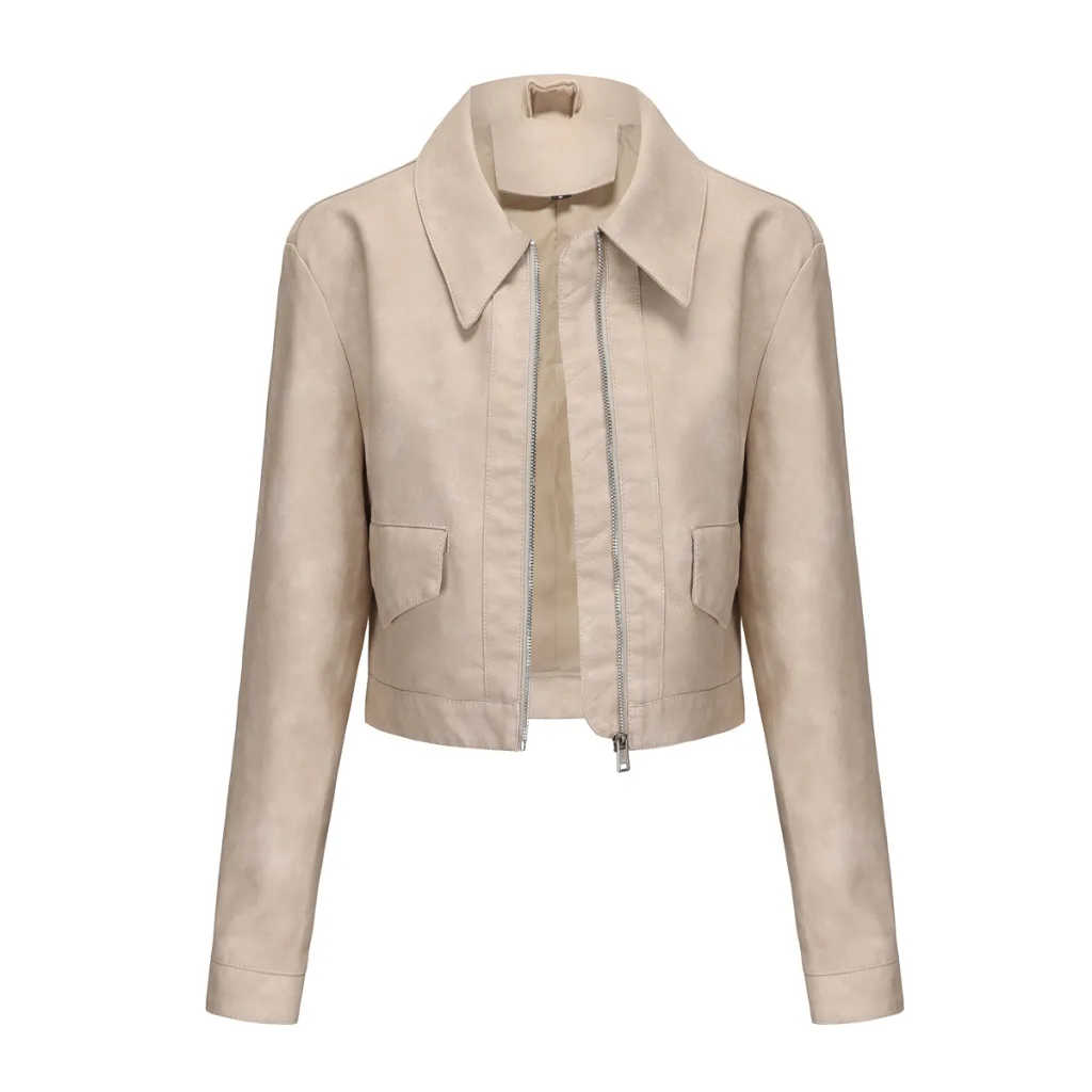 Women's Long-sleeved Fashionable Faux Leather Jacket - Beige