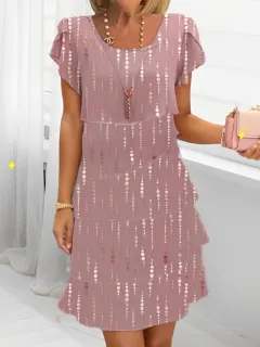 Short Sleeve Round Neck Dress - Lotus Colour Water Drop Print-M - View 1
