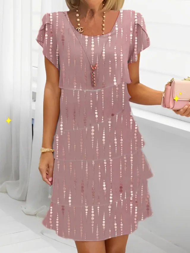 Short Sleeve Round Neck Dress Lotus Color Water Drop Print M - Shop at LoveMi
