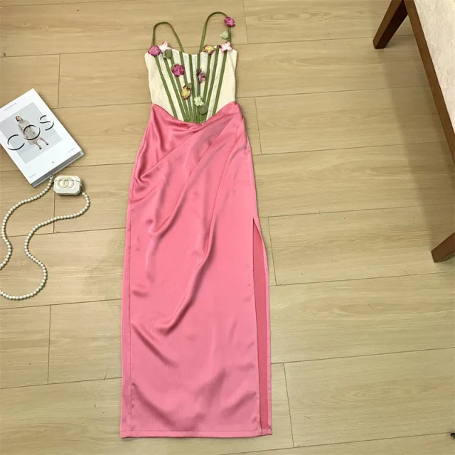 French Court Retro Floral Decorations Fishbone Bra Dress Pink - Shop at LoveMi