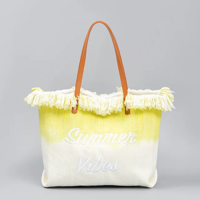 Embroidered Tote Tassel Canvas Bag Magnetic Bag Underarm Summer Yellow - Shop at LoveMi