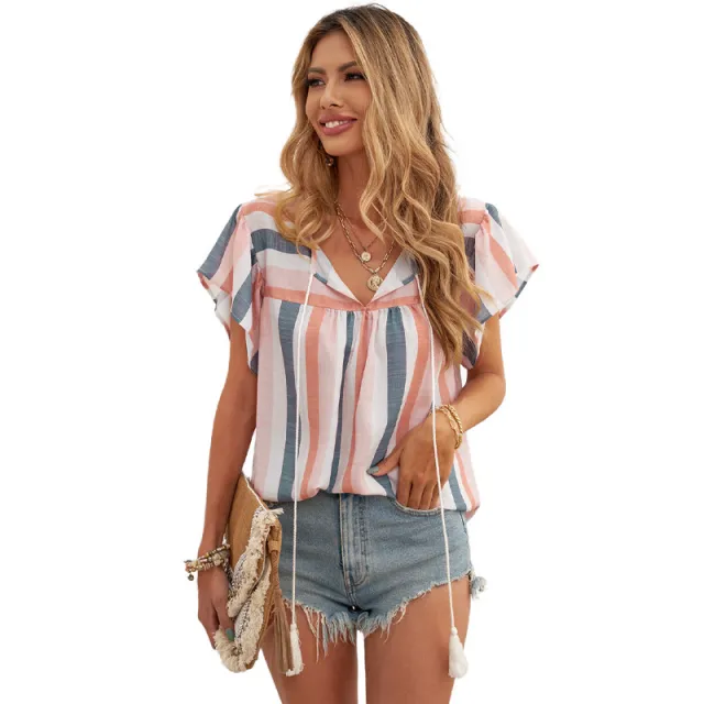 Women's Summer Stripes Contrast Color Chiffon Shirt Multicolor - Shop at LoveMi