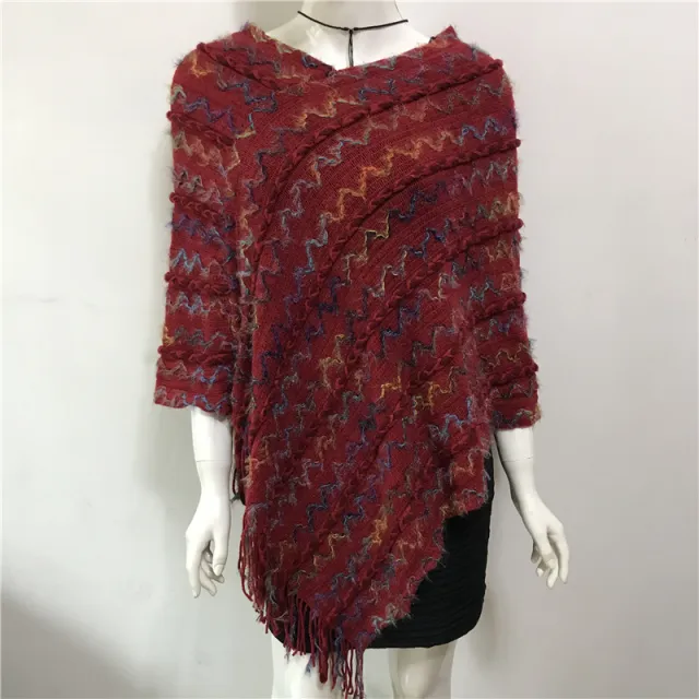 Idle Style V neck Tassel Rainbow Cape Sweater For Women Colored Curved Wine Red - Shop at LoveMi