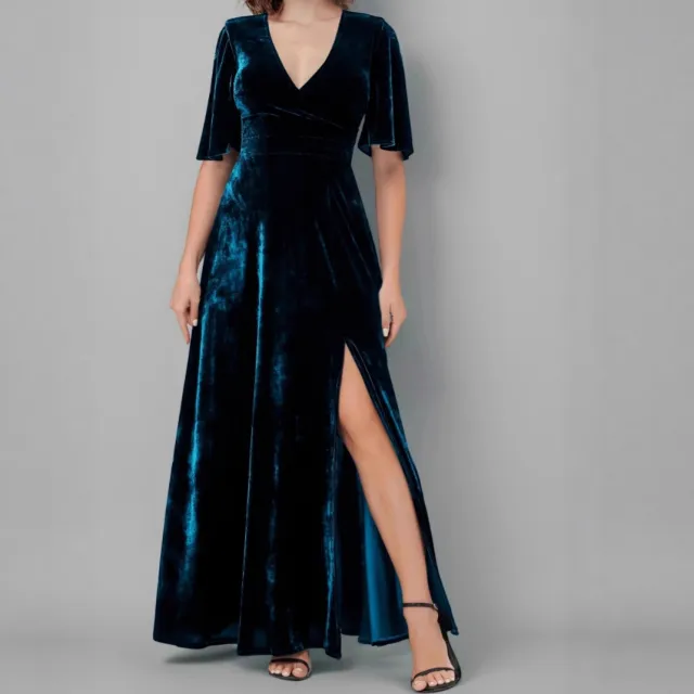 Fashionable V neck Split Dress In A Sophisticated Solid Color Blue - Shop at LoveMi