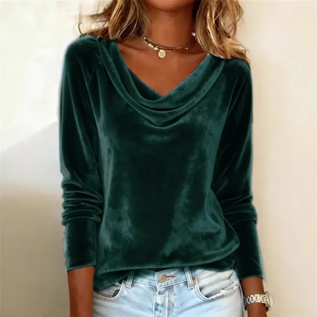 Fashion Women's Solid Color Draped Neck Long Sleeve Velvet T shirt Green - Shop at LoveMi
