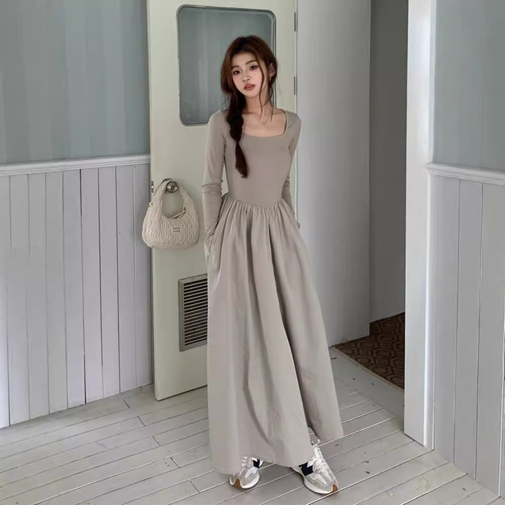 French Hepburn Style Long Sleeve Square-neck Base Dress