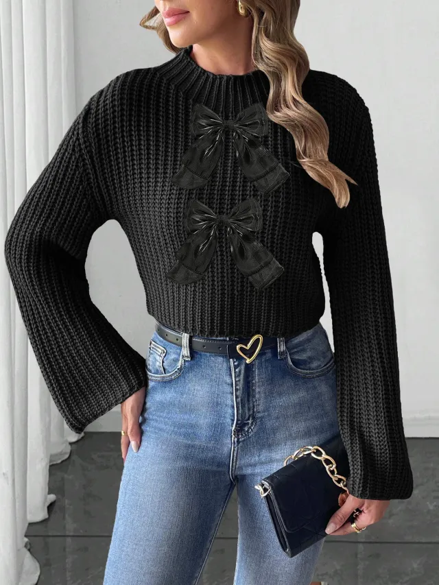 Ladies Bow Patchwork Flared Sleeves Mock Neck Sweater Black - Shop at LoveMi