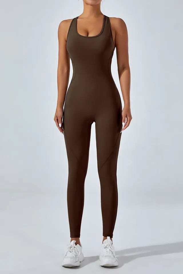 Beauty Back One piece Yoga Pants High Elastic Tight Hip Lifting One piece Brown - Shop at LoveMi