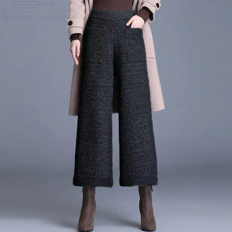 Small Woolen Wide-leg Pants Women's High Waist Cropped Pants - Black And Gray
