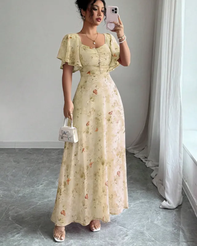 Lotus Sleeve Printed Slim Elegant Dress Yellow - Shop at LoveMi