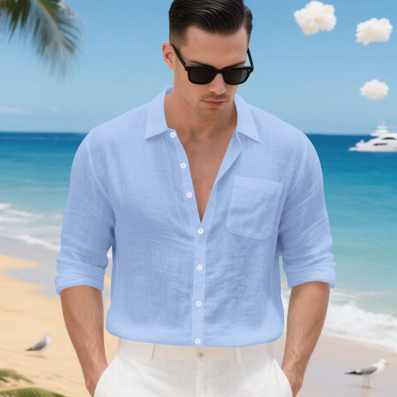 Breathable Linen Blend Solid Lapel Shirt with Long Sleeves