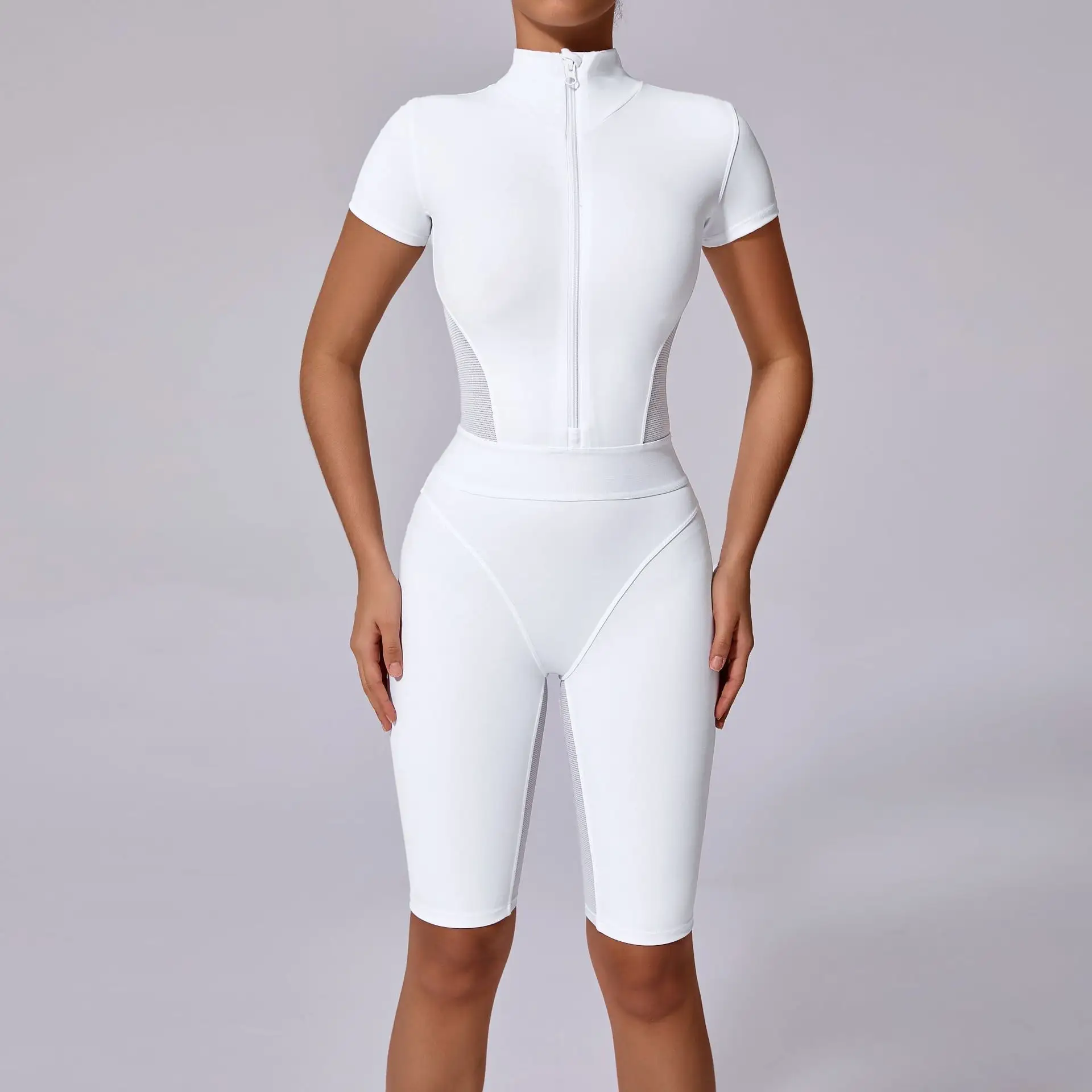 Tight Waist Open Collar Zipper Short Sleeve
