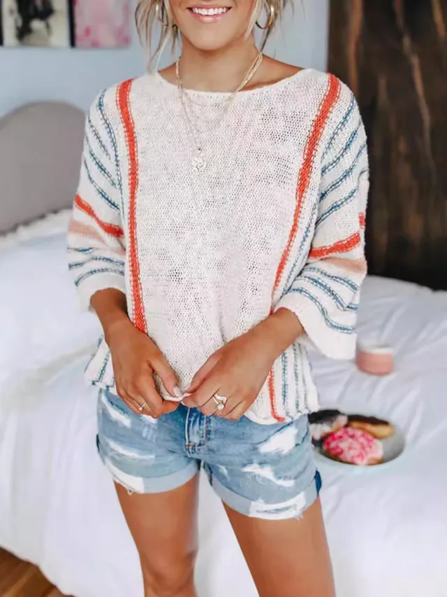 Top Bell Sleeve European And American Sweater Women Striped White - Shop at LoveMi