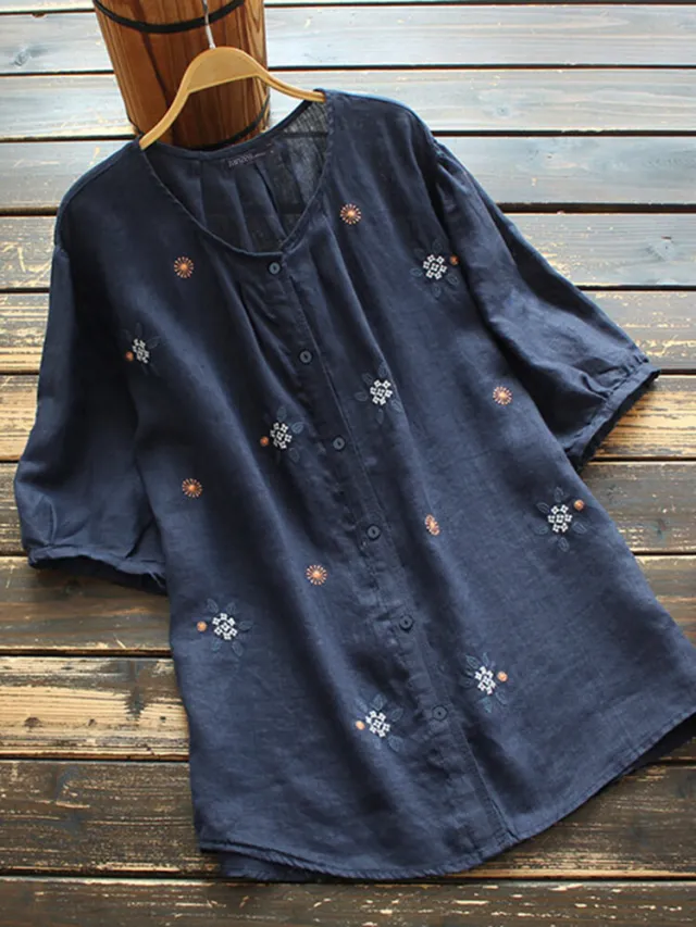 European And American Embroidered Crew Neck Button Short Sleeve Navy - Shop at LoveMi