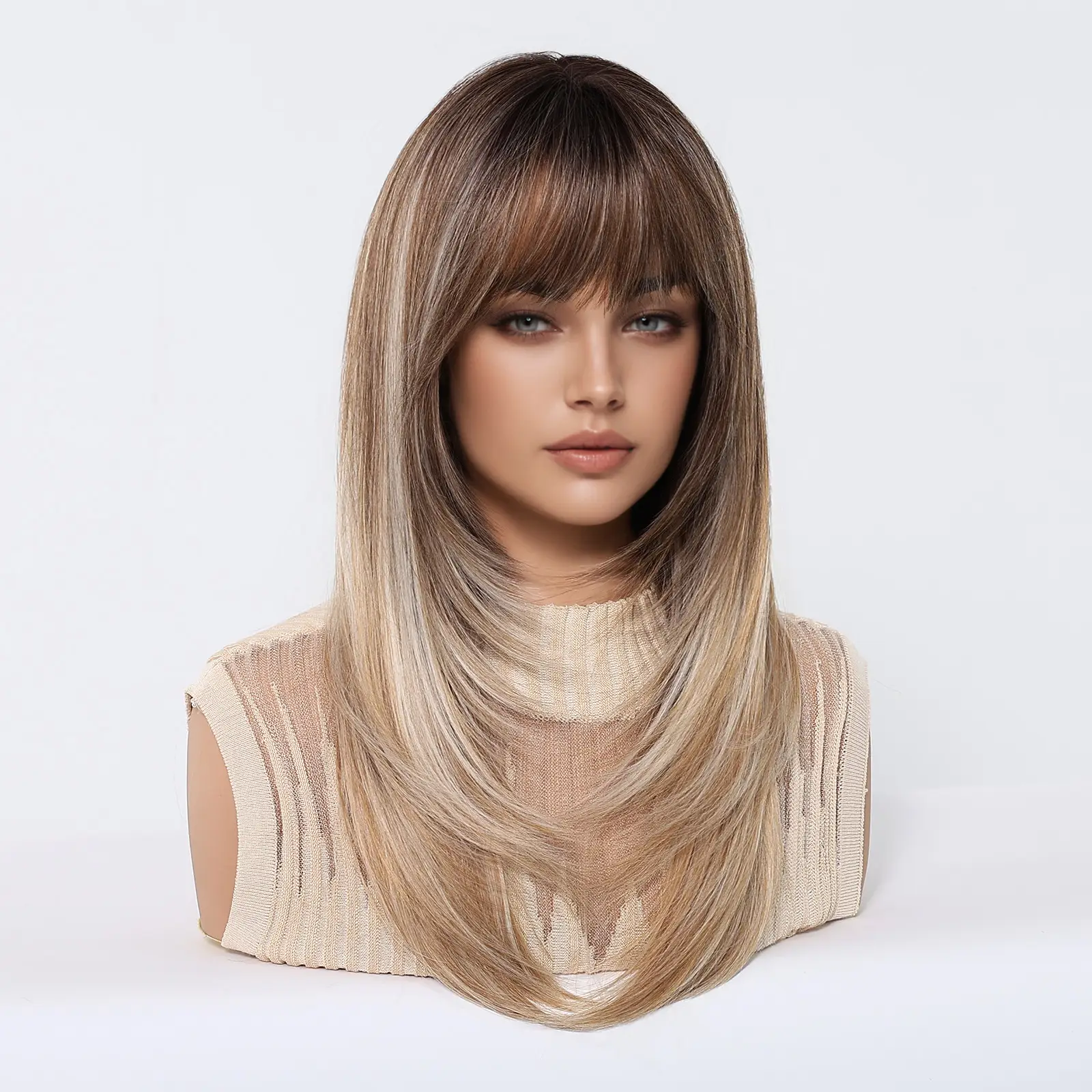 Wig Wispy Bangs Layered Cut Atmospheric Vibe Ombre Brown Long Length
