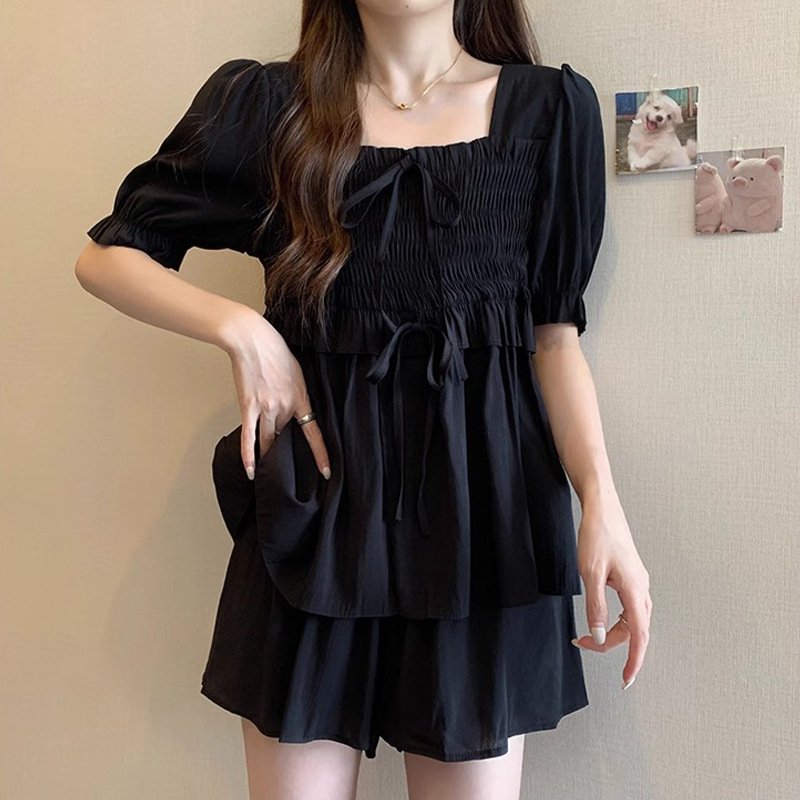 Elastic Waist Shirt And Shorts Casual Two piece Set Black - Shop at LoveMi