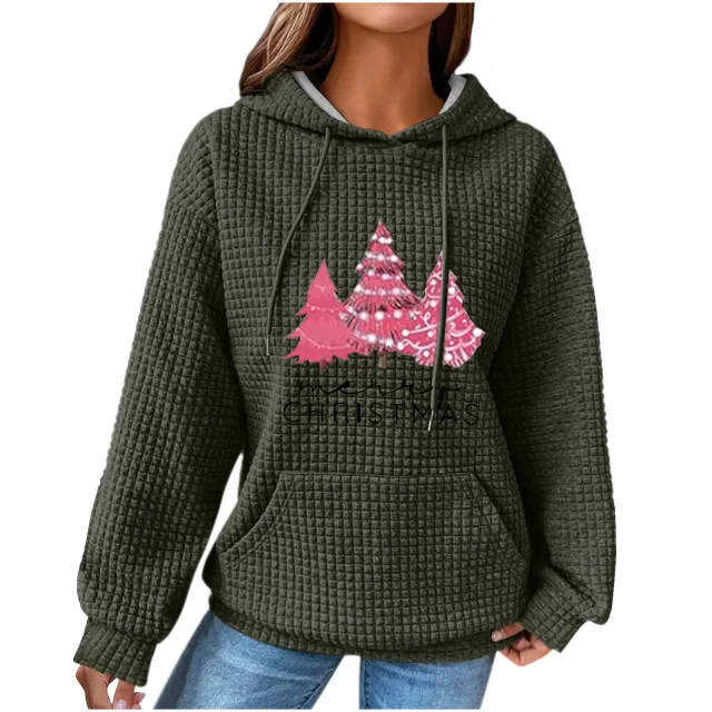 Women's Hooded Long sleeved Patchwork Waffle Sweater Green - Shop at LoveMi