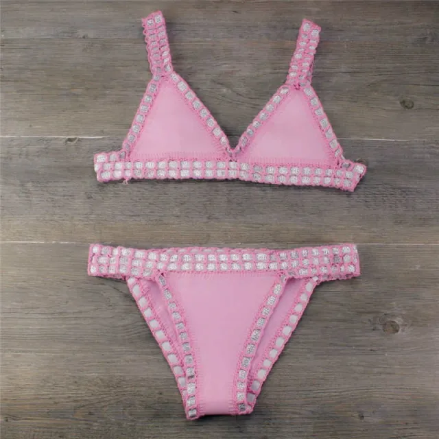 Handmade Crocheted Bikini Knitted Stitching Swimsuit Suit Pink - Shop at LoveMi