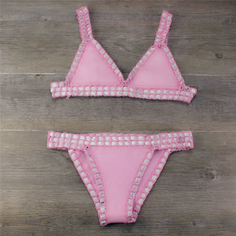 Handmade Crocheted Bikini Knitted Stitching Swimsuit Suit - Pink