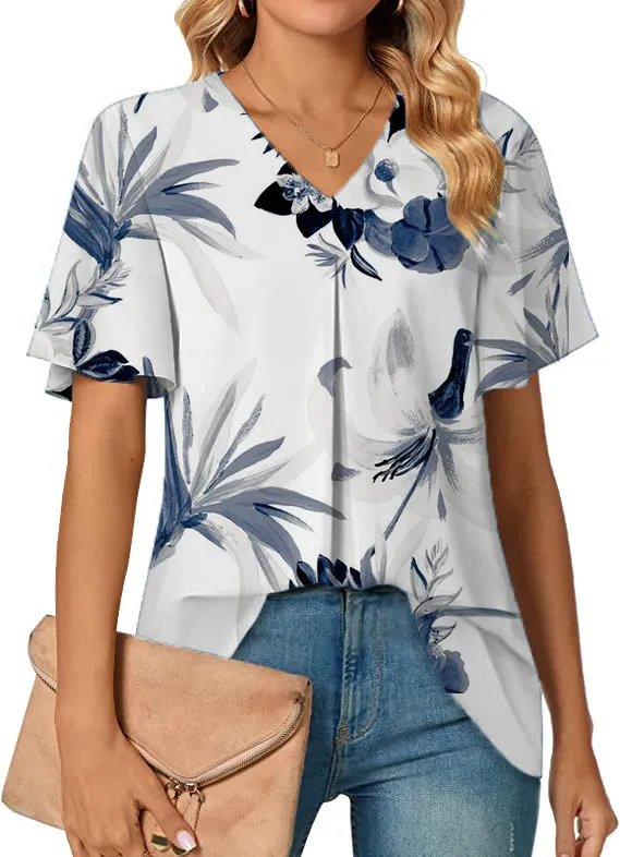 Women's V neck Flower Print Short Sleeve Flowers And Plants - Shop at LoveMi